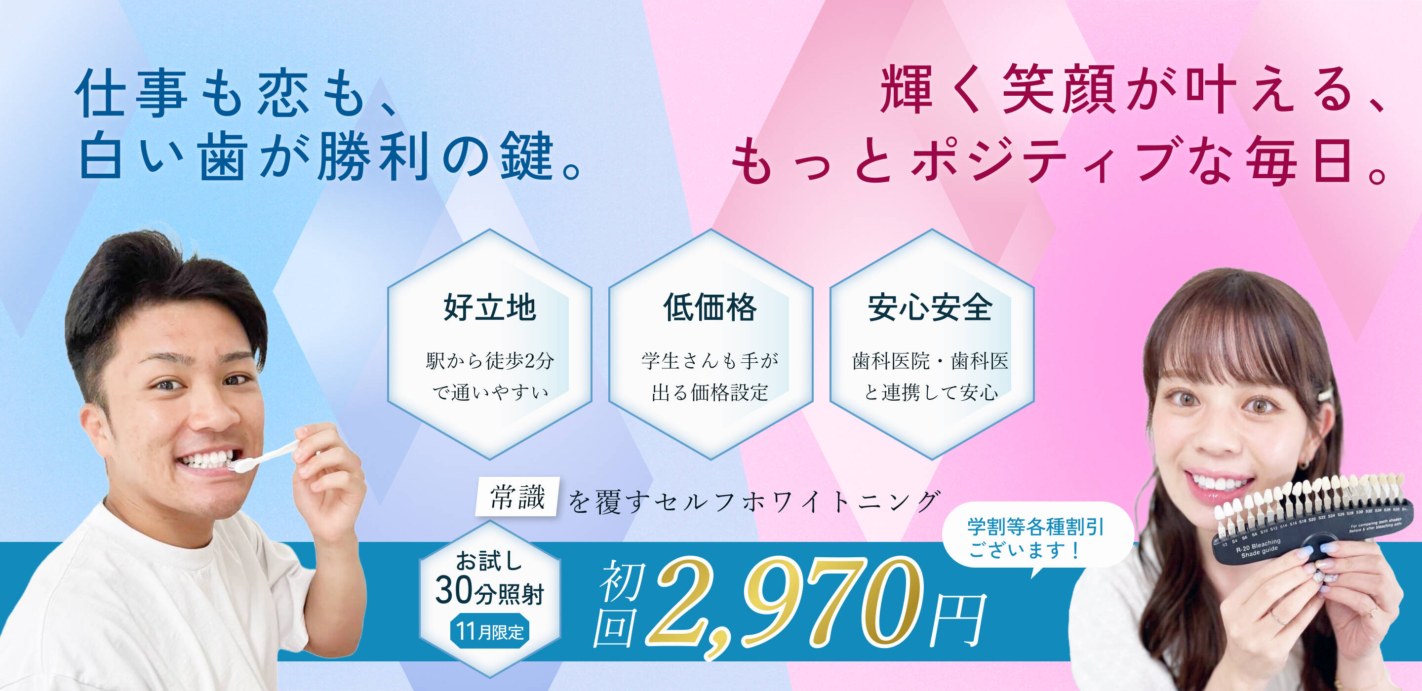 「仕事も恋も、白い歯が勝利の鍵。」というキャッチコピーとともに、セルフホワイトニングサービスを宣伝する男性と女性の笑顔の写真。