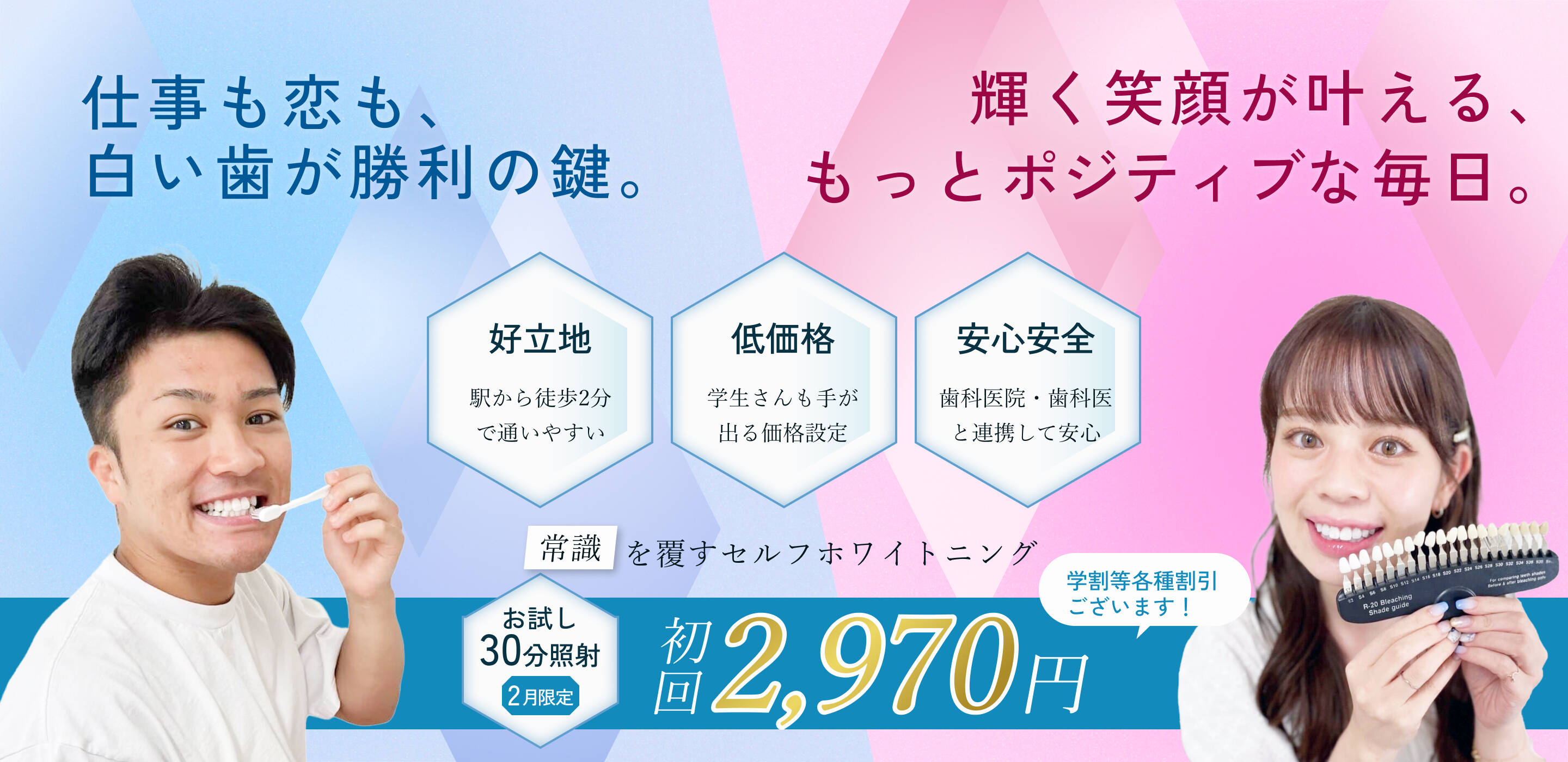 「仕事も恋も、白い歯が勝利の鍵。」というキャッチコピーとともに、セルフホワイトニングサービスを宣伝する男性と女性の笑顔の写真。